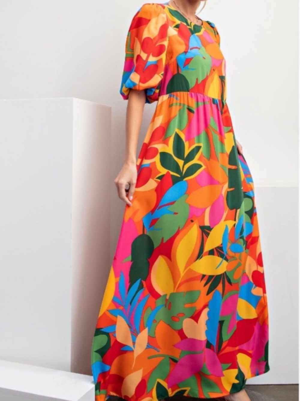 easel Tropical Leaf Maxi Dress in Orange, Pink, Green, Blue